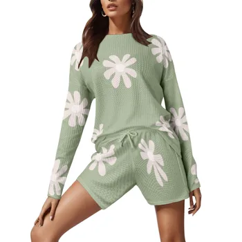 Megztų pižamų komplektas moteriškam ilgam pūstų rankovių viršutinei daliai ir šortams 2 dalių apranga Megztinis Lady Sweater Sleepwear Loungewear