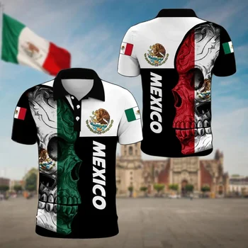 Meksika Actekų herbas & Kaukolė 3D visur spausdinta Mada Vyriški polo marškinėliai Summer Unisex Casual Button Polo marškinėliai POP24