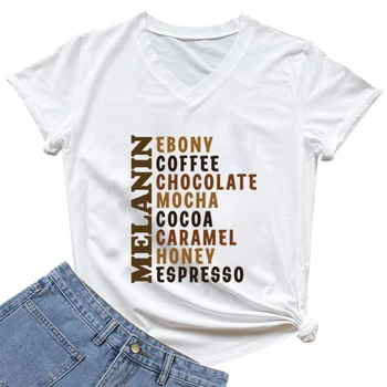Melanin Coffee Letter Graphic marškinėliai Moterys Summer Fashion Y2k Top Tees Trumpomis rankovėmis V formos kaklas TShirts Paprastumas Moteriški marškinėliai