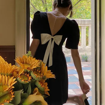 Moteriška pūstomis rankovėmis Mini suknelė Dizainerio suknelė be nugaros Seksuali vasaros suknelė Korėjietiška vientisa suknelė Lady Party Vintage Drabužiai 2024