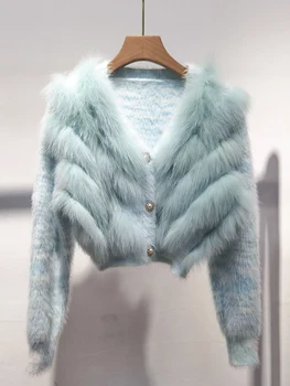 Moteriškas megztinis 2023 Naujas tikras lapės moheros pleistras Trumpas megztinis Megztinis nemokamai pristatomas