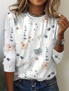 Moteriški marškinėliai Vasaros ilgomis rankovėmis Laisvalaikio gražus gėlių atspaudas Top Fun Pattern Pullover marškinėliai Mergaitėms Megztinis