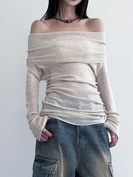 Moterys megztos ilgomis rankovėmis Vienspalviai pagrindiniai marškiniai nuo pečių Laisvalaikio megztinis Rudens klubo gatvės aprangai
