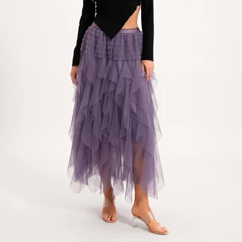 Moterų mados tinklelis Ilgi sijonai Vientisos spalvos elastiniai juosmens sijonai Pavasario vasaros mados sluoksniuotas tiulis Tutu laisvalaikio sijonai