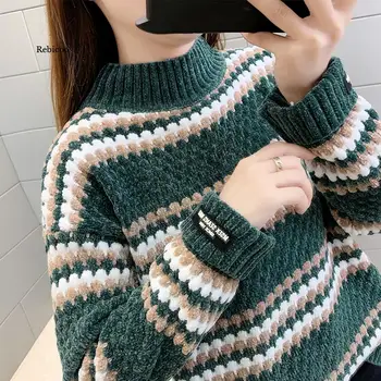 Naujas moteriškas megztinis aukšta apykakle Megztinis Vintage ilgomis rankovėmis laisvas megztas žieminis moteriškas dryžuotas megztinis didelis dydis NS4683