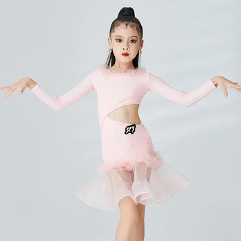 Naujos pramoginės šokių suknelės mergaitėms Rožinė lotyniško šokio suknelė ilgomis rankovėmis Vaiko scenos spektaklis Lotynų šokio kostiumas XS6852