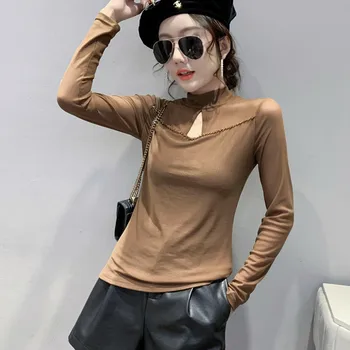 New Korean Fashion Casual Mesh See-through Splicing Hot Fix Woman Tshirts Women Sexy Tops Female Ladies Slim Clothes BPy9076