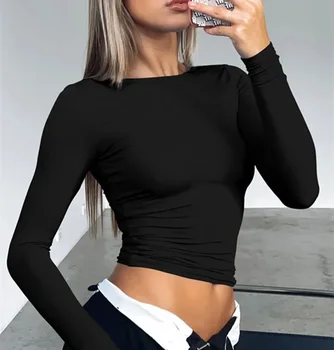 O Kaklo mada Seksualios moterys marškinėliai ilgomis rankovėmis 2023 Autumn Black Lady Streetwear Slim Fit Crop Tops Marškiniai Sportiniai drabužiai L031