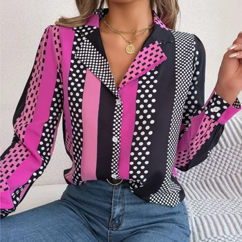 Office Lady Top For Women Fashion Long Sleeve Polo Button Universalūs priemiestiniai marškinėliai Visą sezoną marginta laisvalaikio palaidinė