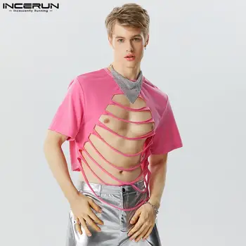 Party Nightclubs Style Tops INCERUN Mens Hollow Connection Strip marškinėliai Sexy Casual Solid O-neck Trumpomis rankovėmis S-5XL 2023