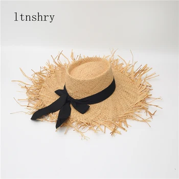 pavasario vasara Naujos moterys Oversized Brim Raffia Beach Hat Bow Summer Sun UV Hats Holiday Big Cap Wholesale