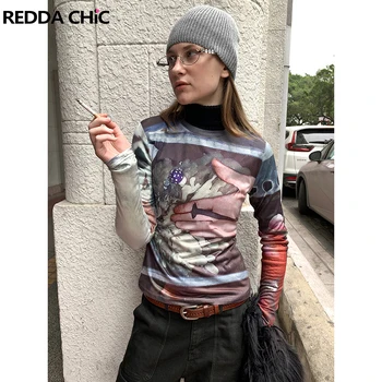 REDDACHiC All-over Print ilgomis rankovėmis marškinėliai Moterys 90s Retro Casual Crew Kaklas Plonas apatinis trikotažas Top Harajuku Grayu Y2k Gatvės drabužiai