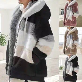 rudeninė žieminė striukė ilgomis rankovėmis šilta moteriška spalva blokas užtrauktukas pūkas su gobtuvu paltas