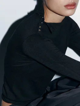 Sagos Prancūziškas vintažinis megztinis Spring Half High Collar Long Sleeve Slim Black Pullover Tops 2024 Fashion Simple All-match Jumper