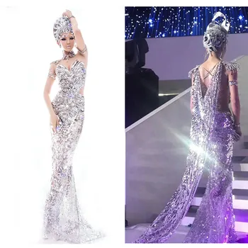 Seksualūs sidabriniai blizgučiai Karalienės kostiumai moterims Flash Paillette drabužiai Automobilio modelio kostiumas Mados scenos šou pasirodymas