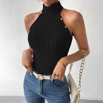 Sexy Knit Tank Top Turtleneck Crop Tops Women Summer Camis Backless Camisole Fashion Casual Tee Women Sleeveless Cropped Vest