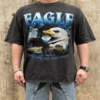 Soaring Eagle Vintage Washed Shirt Men Summer Short Sleeves Hip Hop marškinėliai Casual Tee Tops Fashion Tshirt