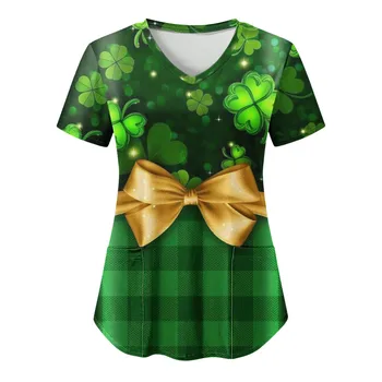 St Patrick Day Uniforms Tops Women 3d Gift Print Scrub Tops Hospital Pet Grooming Uniforms Nurses Dentist Work Tee Tops Blouse