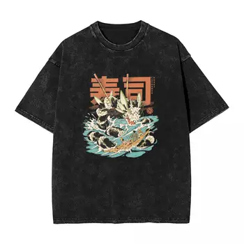 Streetwear Washed Marškinėliai Agurkas Sushi Dragon Laisvi marškinėliai Kanagawa Waves Naujieji marškinėliai žmogui Vasara Y2K Juokingi viršutiniai marškinėliai
