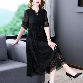 Summer Black Natūralaus šilko raukta apykaklė Midi suknelė Moteriška siuvinėjimo tuščiavidurė seksuali suknelė 2023 Korėjos vintažinė Hepburn Vestidos
