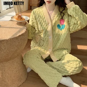 Sutirštinkite korėjiečių madą Naujas ruduo Žiema Moteriškas Flanelinis pižamos kostiumas Koralų aksomo pižama Ilgi naktiniai marškiniai Namų apyvokos kostiumas Pliušinis