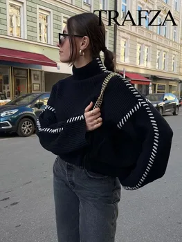 TRAFZA Moterų mada Juodas sujungtas kabelis Dygsnis Turtleneck Oversize Megztinis Moteriškas laisvalaikis ilgomis rankovėmis Laisvas megztinis Vintage Top
