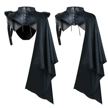 Viduramžių šarvai Juodas apsiaustas Vieno peties Retro Cape Gothic Punk Lace Up Renesansinis kostiumas Kryžiuočių įranga suaugusiems vyrams