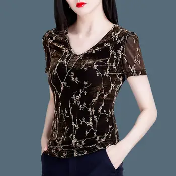 Vintažiniai elegantiški vasaros ploni moteriški drabužiai Marškinėliai spausdinti Y2K Nauji trišakiai Fashion Casual trumpomis rankovėmis V formos kaklo megztiniai Plonos viršūnės