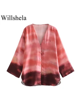 Willshela Women Fashion Printed Single Breasted Palaidinė Vintage V-Neck ilgomis rankovėmis Moteriški prašmatnūs moteriški moteriški marškiniai