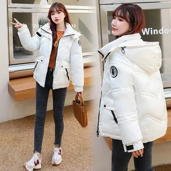 Winter New Bright Face Wash Free Down Cotton Women's Short Hooded Korean Version Loose Fit Warm and Thick Casual Sapphire Blue