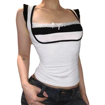 Women Summer Slim Fit marškinėliai Balti berankoviai kvadratinio kaklo nėrinių apdaila Kontrastinės spalvos liemenių viršūnėlės