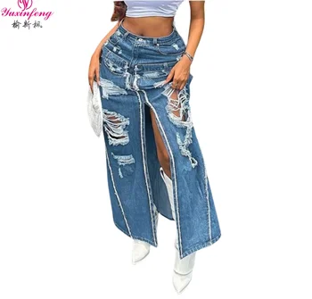 YuXinFeng Street Fashion Fringed sijonai moteriai Traf 2023 Drabužių skylė Patchwork Plėšytas aukštas juosmuo Split ilgas džinsinis sijonas