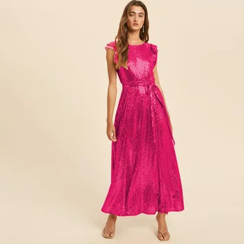 Zoctuo blizgučiai vakarinė suknelė moterims Elegantiška trumpomis rankovėmis suvarstomos vakarėlio ilgos kokteilinės suknelės Blizgios plonos prabangios gimtadienio suknelės