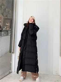 Žemyn medvilninis paltas Moterys Juodas Super ilgas sutirštinta šiluma Su gobtuvu Parkas 2024 Žiema Nauja mada Korėjietiškas laisvas paltas