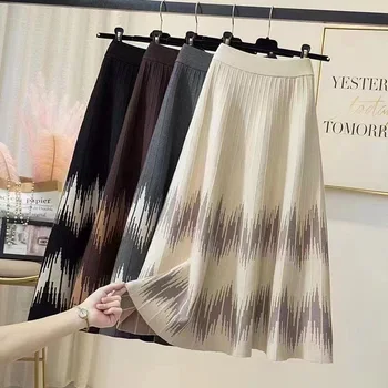 Žieminis kašmyras Megztas sijonas Mada Korėjietiška versija Moterys Elastinis juosmuo A-linijos sijonai Laisvalaikio ilgo stiliaus vilnonis pusiau kūno sijonas